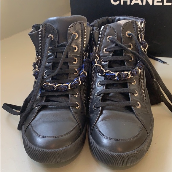🎉HP🎉Chanel Lambskin Black Hightop Chain Sneakers - Picture 3 of 8